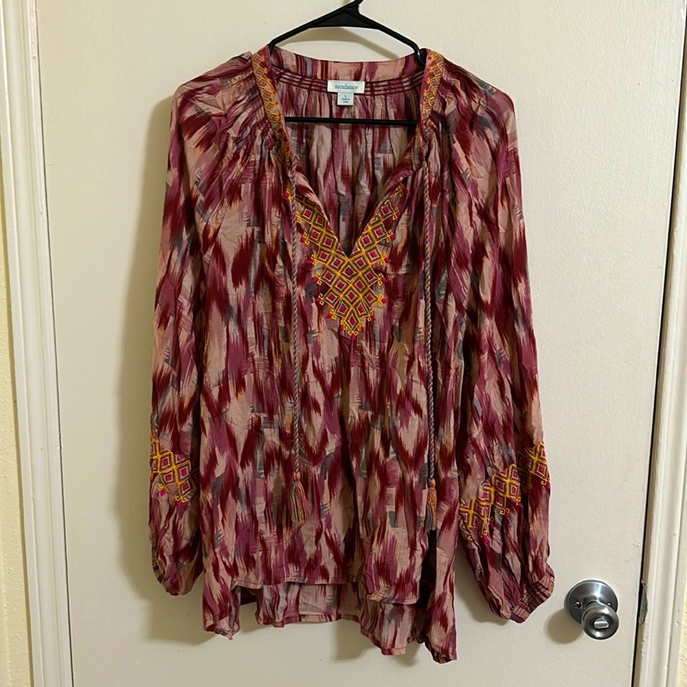 Sundance Boho Burgundy and Mustard Printed Peasant Blouse